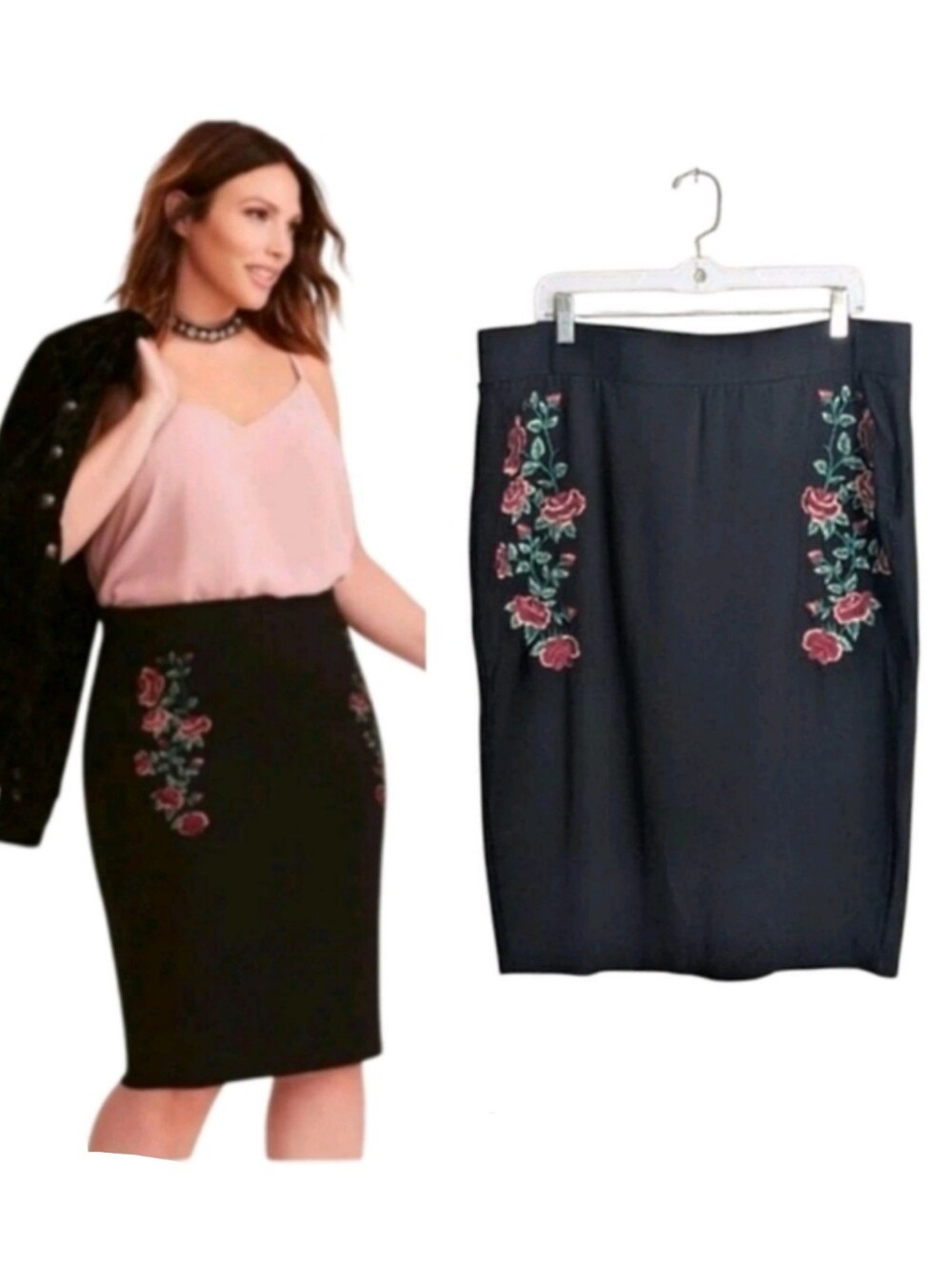 Torrid Black Ponte Pencil Slim Skirt Size 3X Knee Length Roses Embroidered Party